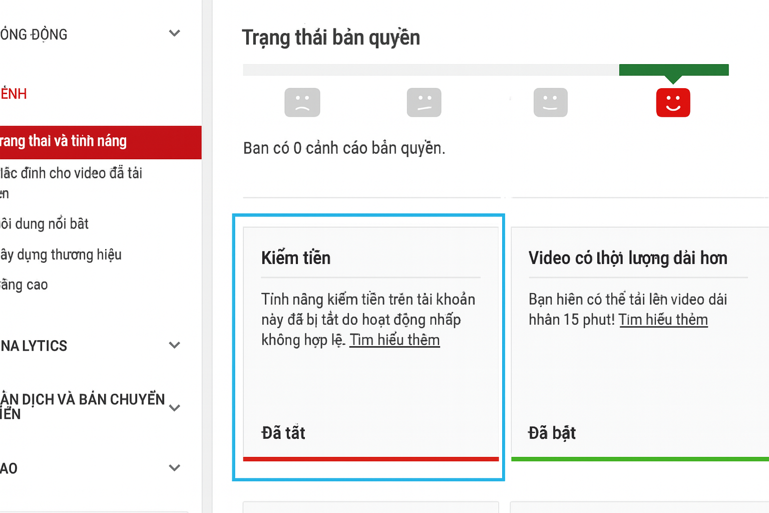 Kênh Youtube bị tắt kiếm tiền 